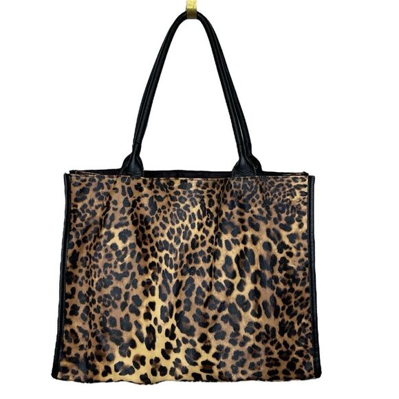 Neiman Marcus Leopard Print Tote Bag Black Tan Brown - Picture 1 of 14